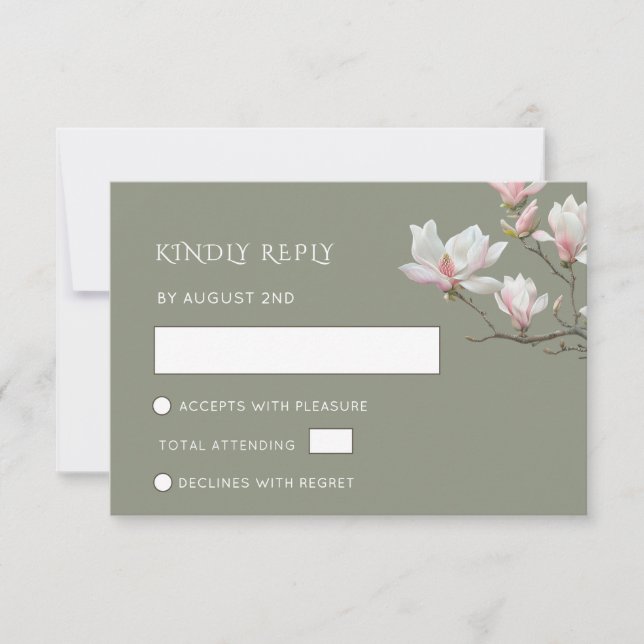 Cartão RSVP Fine Art Sage Green Magnolia Flowers Wedding (Frente)
