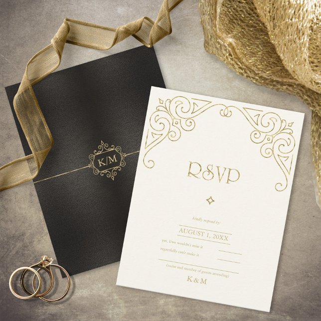 Cartão RSVP Fine Filigree Dourado Wedding ID871 (Criador carregado)