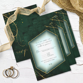 Cartão RSVP Fine Lines Dourado Abstrato Wedding Emerald ID867