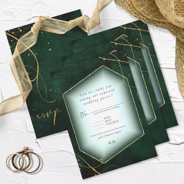 Cartão RSVP Fine Lines Dourado Abstrato Wedding Emerald ID867 (Criador carregado)