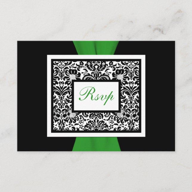 Cartão RSVP Fita estampada em damasco preto e branco verde RSV (Frente)