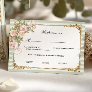 Cartão RSVP Fita Floral Verde Salvia & Moldura Vintage Dourada