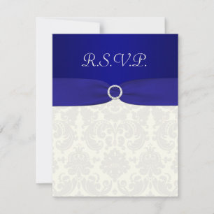 Cartão RSVP FITA IMPRESSA Azul, cartão-resposta Damask Marfim