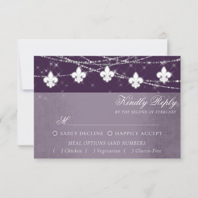Cartão RSVP Fleur de Lis Eggplant Purple Lights | Moody Entree (Frente)