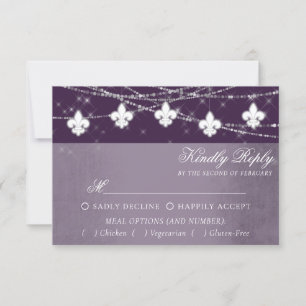 Cartão RSVP Fleur de Lis Eggplant Purple Lights   Moody Entree