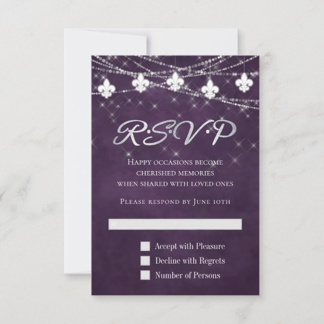 Cartão RSVP Fleur de Lis Eggplant Purple Lights | Moody Plum (Frente)
