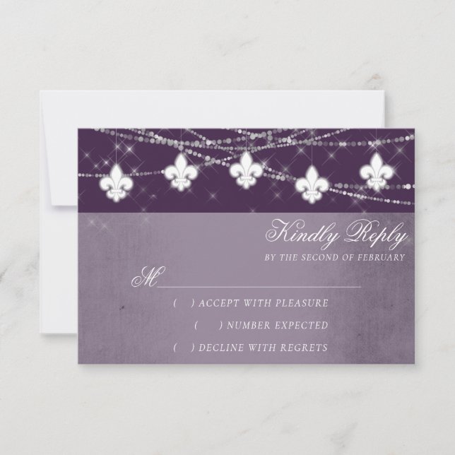 Cartão RSVP Fleur de Lis Eggplant Purple Lights | Moody Plum (Frente)