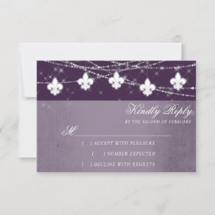 Cartão RSVP Fleur de Lis Eggplant Purple Lights Moody Plum