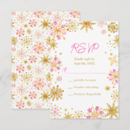 Cartão RSVP Flocos de neve, cor-de-rosa e Dourados, de inverno