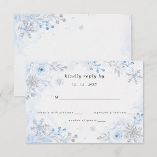 Cartão RSVP Flocos de Neve Florais Azul Prata Casamento de Inv