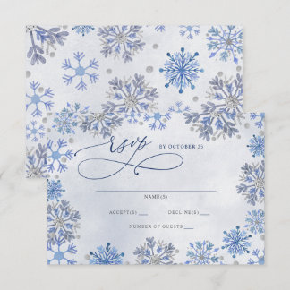 Cartão RSVP Flocos de Neve Prata Azul Natal Inverno Casamento