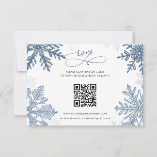 Cartão RSVP Flocos de Neve Prata Azul Natal Inverno QR Code
