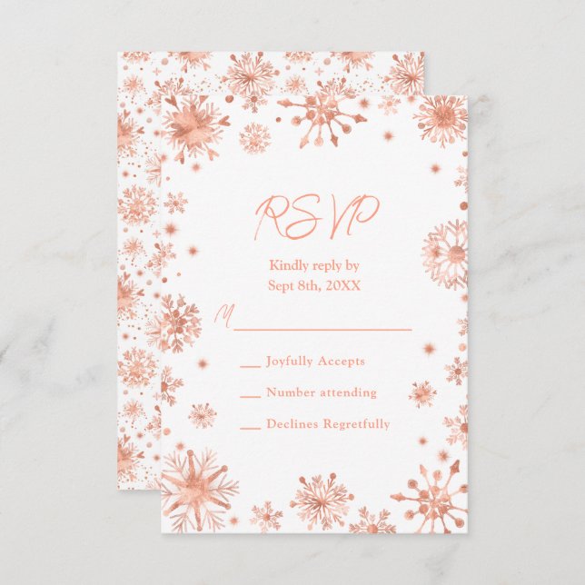 Cartão RSVP Flocos de neve rosa Dourados Winter (Frente/Verso)