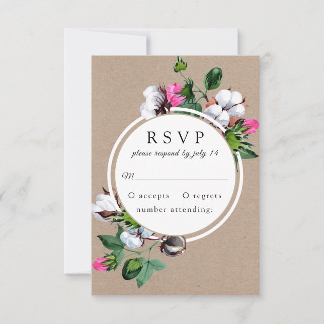 Cartão RSVP Flor de algodão. Casamento Rustic Floral kraft RSV (Frente)