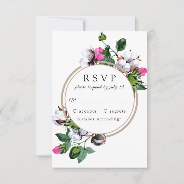 Cartão RSVP Flor de algodão. Quadro botânico Casamento Floral  (Frente)