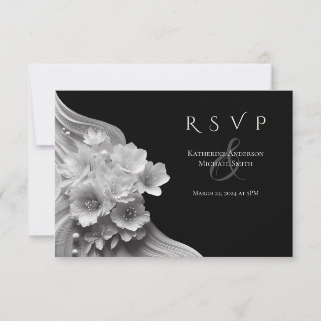 Cartão RSVP Flor Negra-Branca de Casamento Floral Moderno (Frente)
