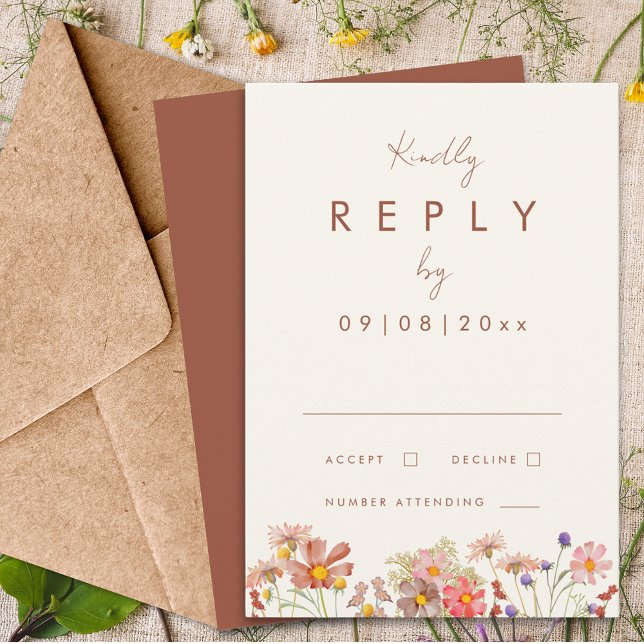 Cartão RSVP Flor selvagem queimado Casamento outono de laranja (Boho wildflower terracotta burnt orange fall wedding invitation reply enclosure card)