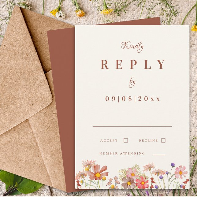 Cartão RSVP Flor selvagem queimado Casamento outono de laranja (Wildflower burnt Orange terracotta fall wedding reply enclosure card)