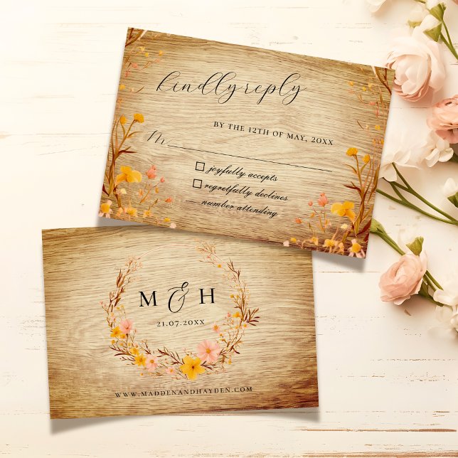 Cartão RSVP Florais Boho Neutros Rústicos com Estampa de Flore (Criador carregado)