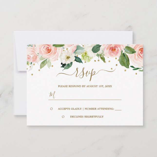 Cartão RSVP Floral Aquarela Dourado Rosa (Frente)