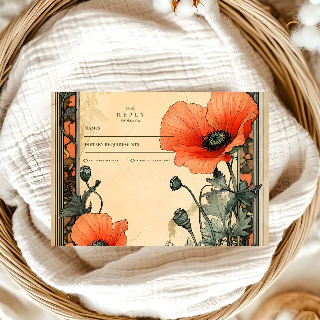 Cartão RSVP Floral Art Nouveau Poppy Wedding (Criador carregado)