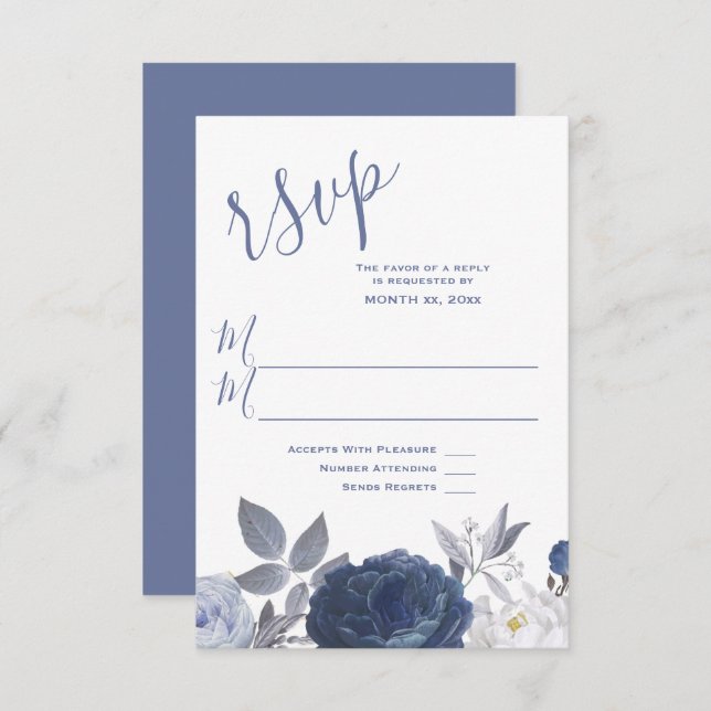 Cartão RSVP Floral Azul Brilhante de Casamento de Verão (Frente/Verso)