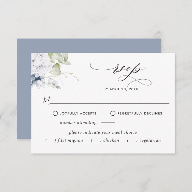 Cartão RSVP Floral Azul Elegante, Opções de Refeições Casament (Frente/Verso)