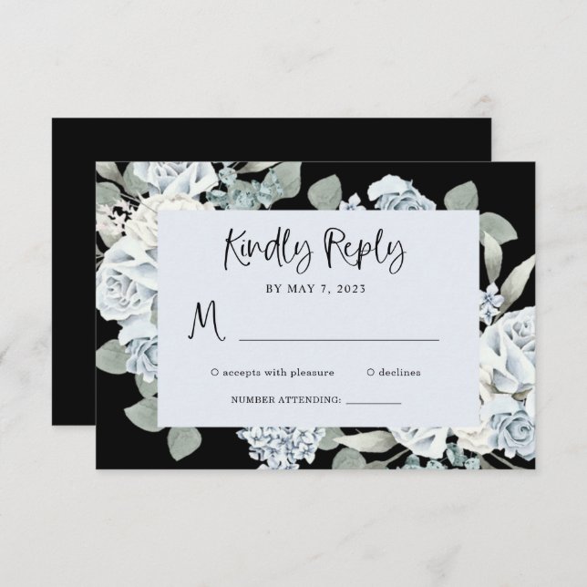 Cartão RSVP Floral azul preto e poeirento | Casamento por Aqua (Frente/Verso)
