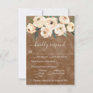 Cartão RSVP Floral Beige Blush Rosas Dourados em Castanho