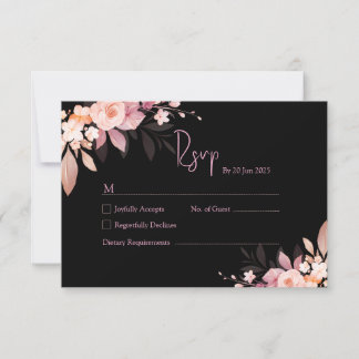 Cartão RSVP Floral Black & Blush Rose Wedding