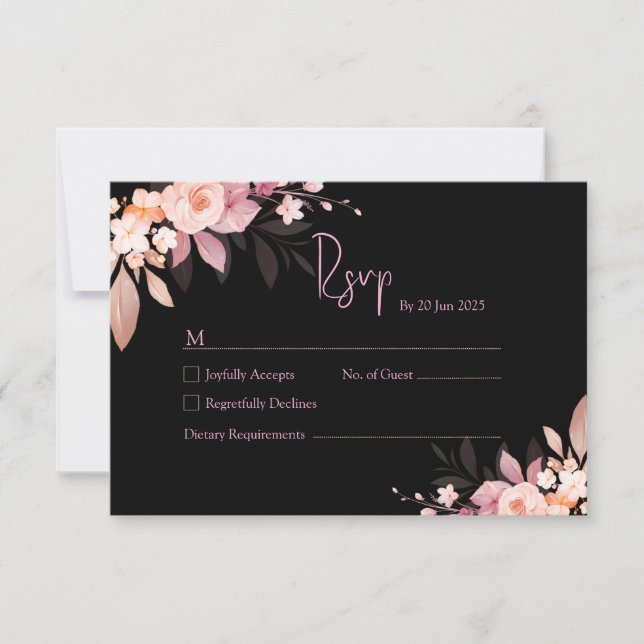 Cartão RSVP Floral Black & Blush Rose Wedding  (Frente)