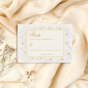 Cartão RSVP Floral Branco Elegante com Borda Dourada Marfim