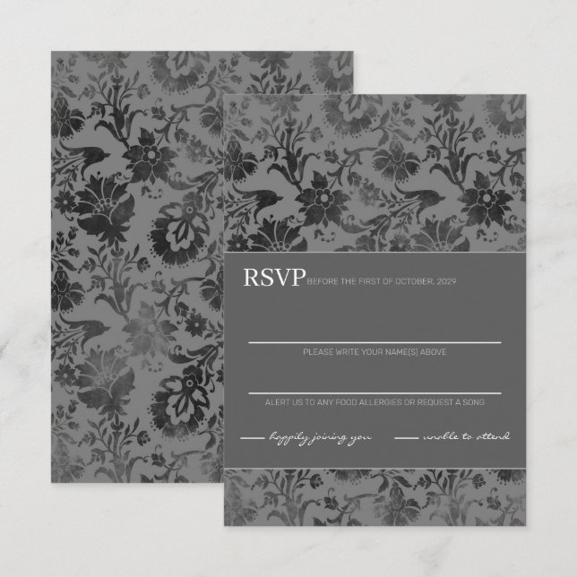 Cartão RSVP Floral Cinza Escuro (Frente/Verso)