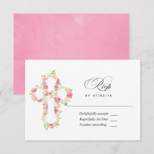 Cartão RSVP Floral de Aquarela Rosa Batismo ou Crisma