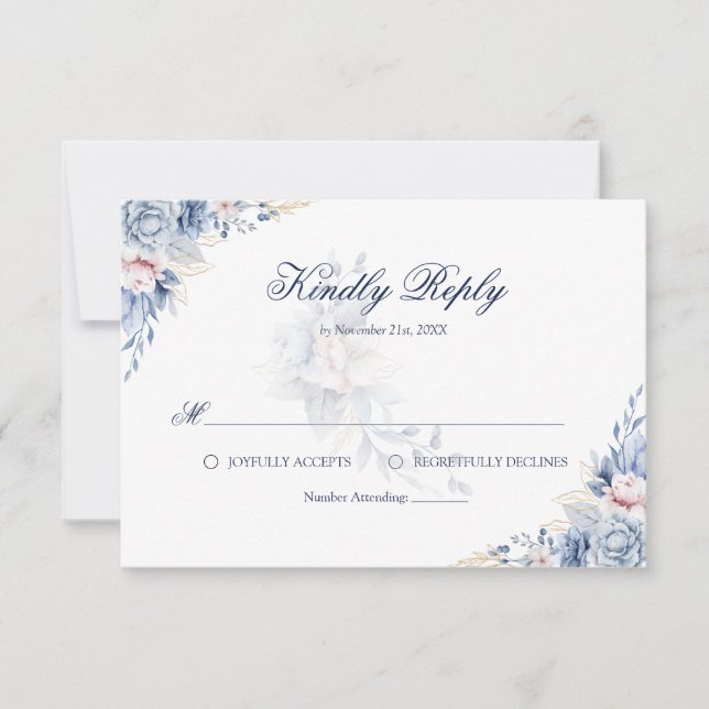 Cartão RSVP Floral de Casamento Floral Azul e Dour (Frente)