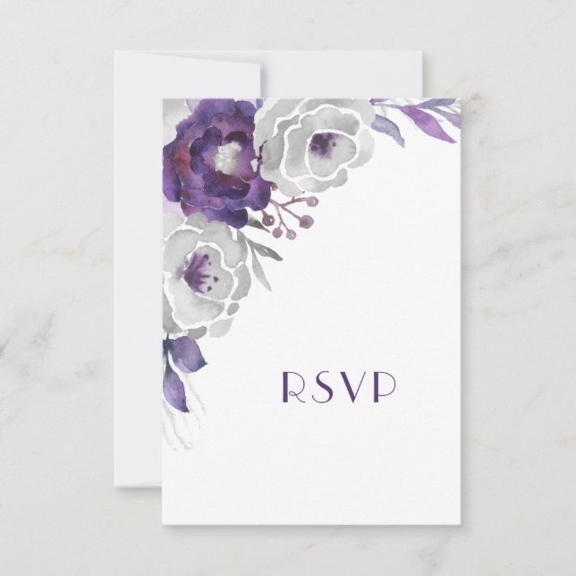 Cartão RSVP Floral de Prata Roxo com opção de entrada (Frente)