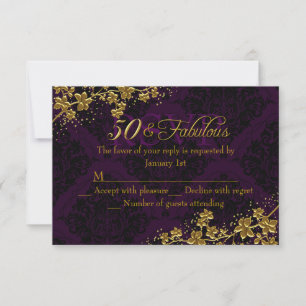 Cartão RSVP Floral Dourado Roxo 50 & Fabuloso Cumprimento de A