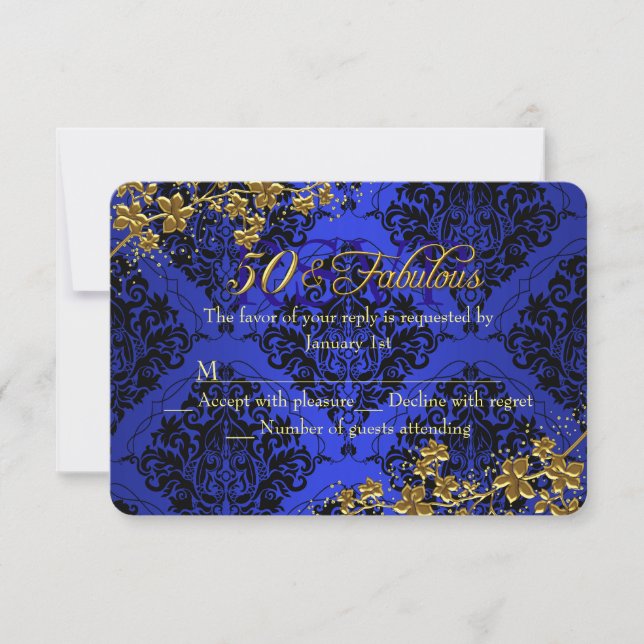 Cartão RSVP Floral Dourado Royal Blue 50 Fabuloso Aniversário  (Frente)