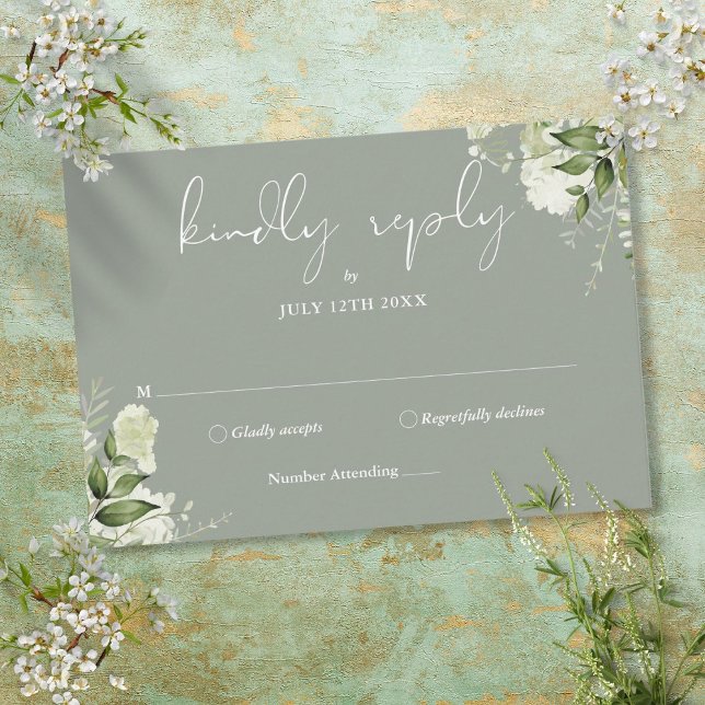 Cartão RSVP Floral Elegante Noiva Verde Sage (Greenery Floral Elegant Sage Green Wedding RSVP Card)