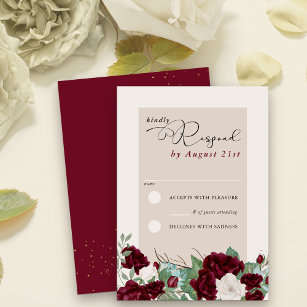 Cartão RSVP Floral Elegante Rosa da Borgonha Vermelha e Marfim