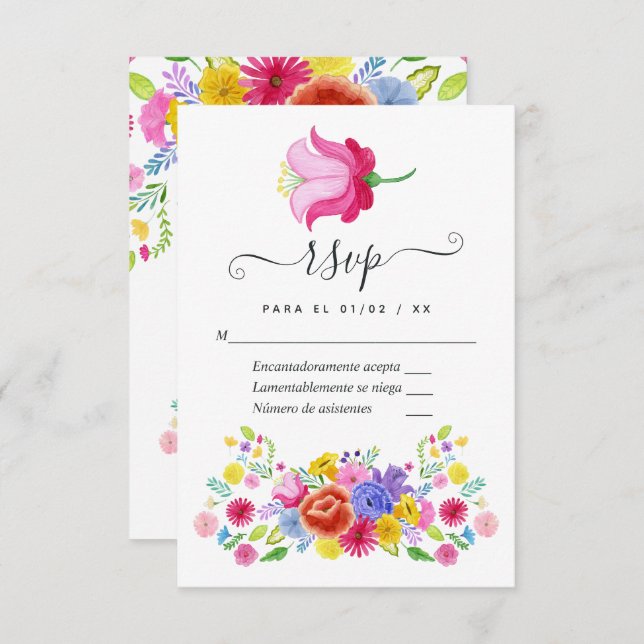 Cartão RSVP Floral espanhola Fiesta Quinceañera (Frente/Verso)