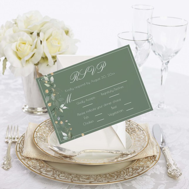 Cartão RSVP Floral Eucalyptus Greenery Dourado Casamento Verde (Criador carregado)