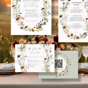 Cartão RSVP Floral Fall BOHO Wildflower código QR Casamento