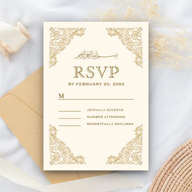 Cartão RSVP Floral Frame Cream e Casamento Muçulmano Islâmico  (Criador carregado)