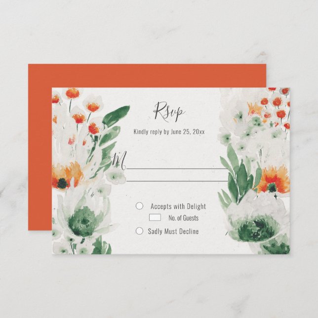 Cartão RSVP Floral Moderno Rústico em Aquarela Laranja Verde (Frente/Verso)