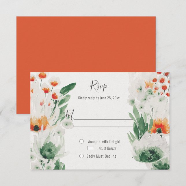 Cartão RSVP Floral Moderno Rústico Laranja Verde Aquarela (Frente/Verso)