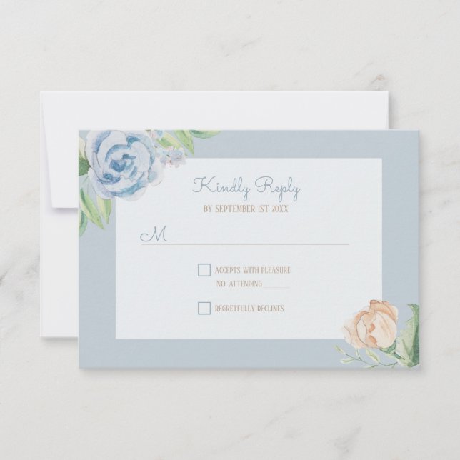 Cartão RSVP Floral Molho Azul-Aquarela Desenhado (Frente)