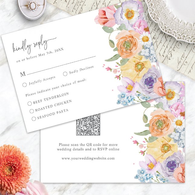 Cartão RSVP Floral Ousado e Brilhante (Bright Bold Floral RSVP Card QR Code by Painted Paperie
)
