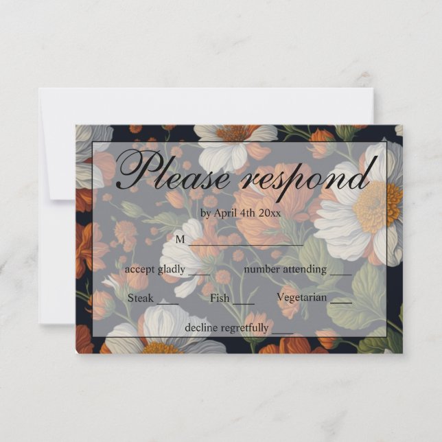 Cartão RSVP Floral preto-branco-alaranjado Elegante (Frente)