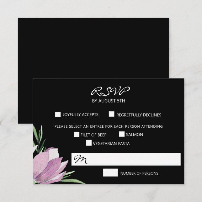 Cartão RSVP Floral Purple Magnolia Watercolor (Frente/Verso)